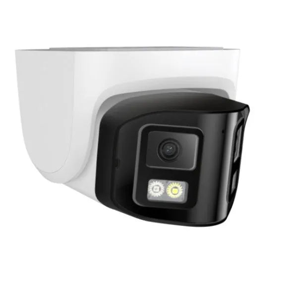 4MP dual lens IP security camera with IP66 weatherproof housing measuring 124x72x201 mm