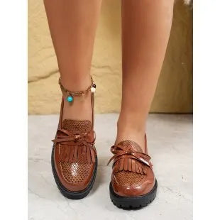 Women's brown loafers with decorative bow detail, artificial PU upper material