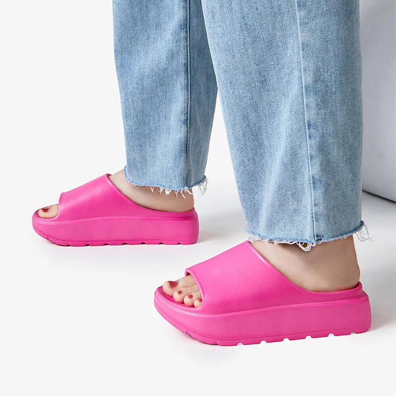 Women's thick soled beach slippers with fish mouth design in beige, black, khaki or rose red colours