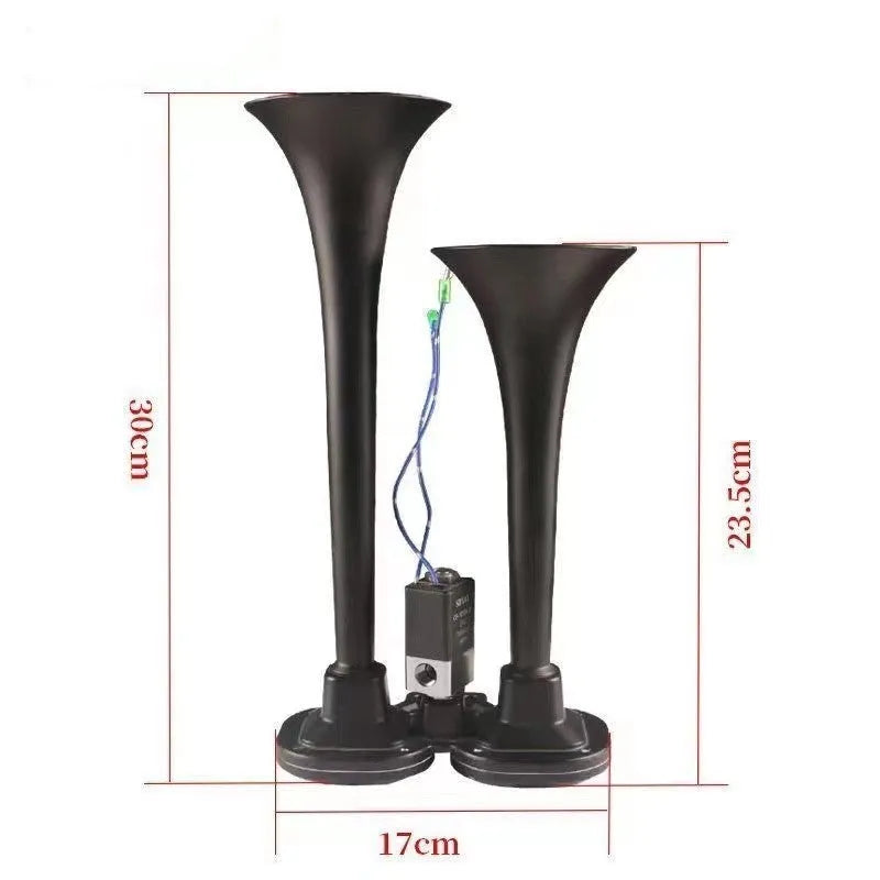Black dual trumpet car air horn kit with 300dB compressor for 12V and 24V vehicles