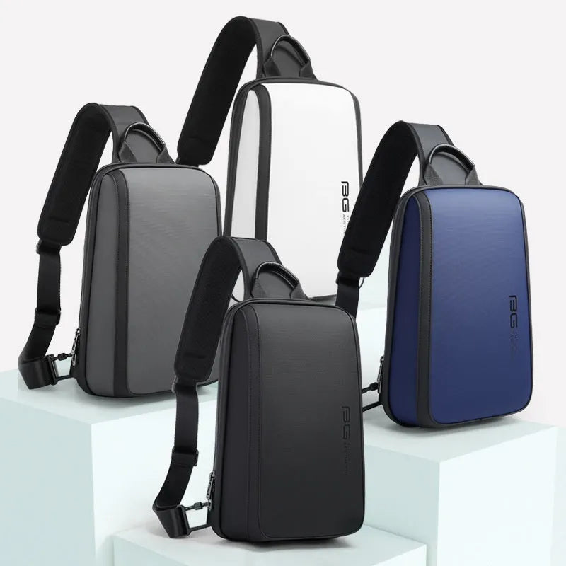 Blue oxford cloth men's chest bag with double shoulder straps and a soft handle.