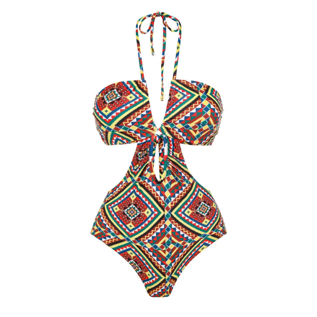 Women's retro floral one-piece polyester swimsuit in summer style