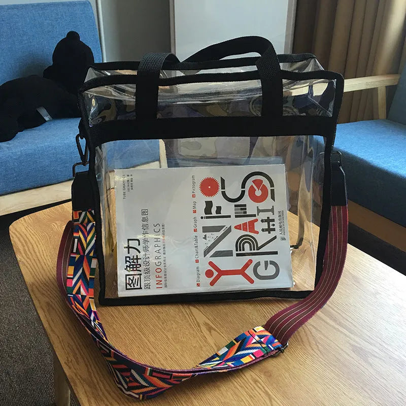 Transparent PVC women's messenger bag with crossbody straps showing seven colour options including navy blue, black, red and white