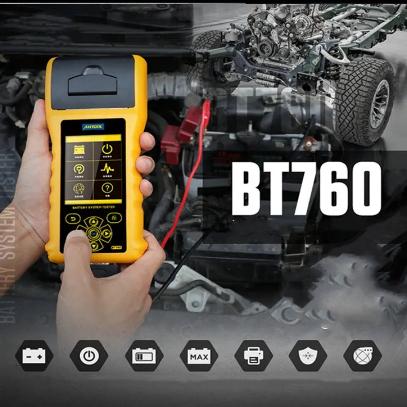 Autool BT760 vehicle battery tester with colour screen, test clips, and printed diagnostic receipt.