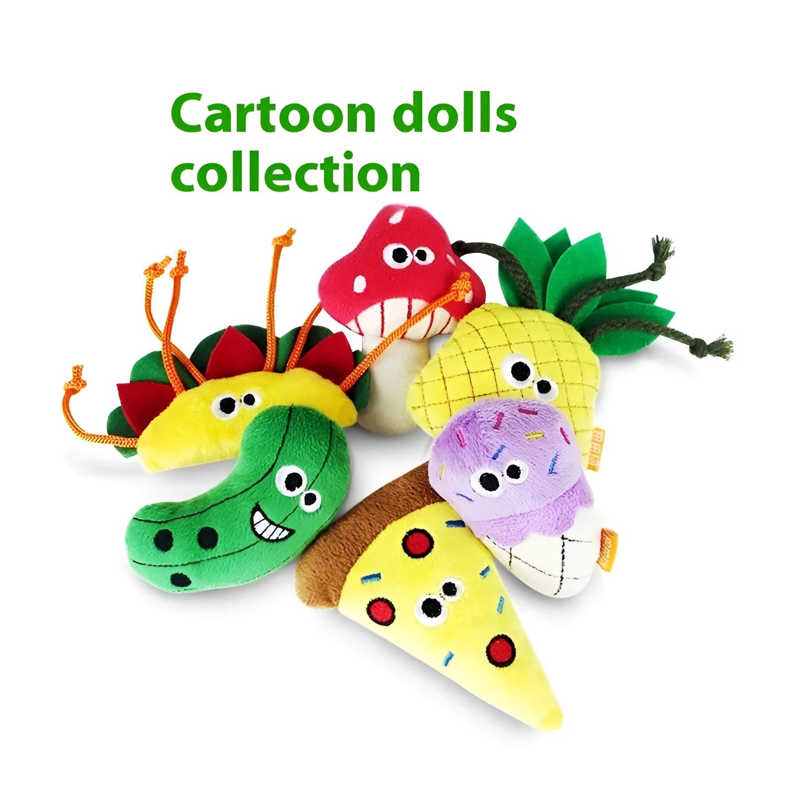 Colourful catnip-filled chew pillow shaped like a burrito, cone, cucumber, mushroom, pineapple, or pizza for cats.
