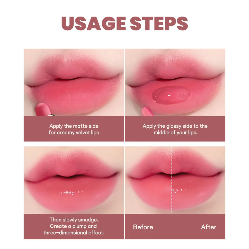 Double-headed lipstick compact with matte finish in 10 colour options