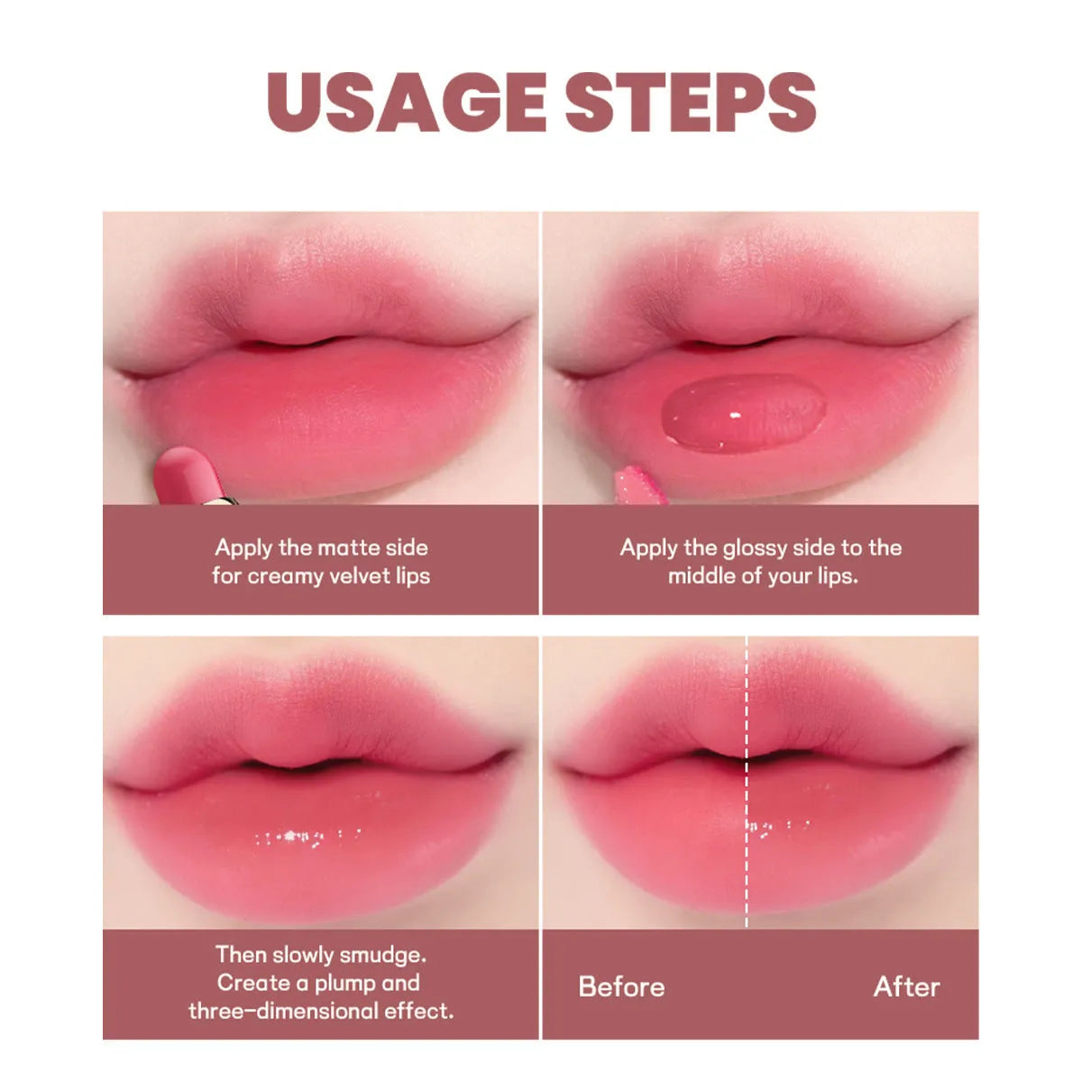 Double-headed lipstick compact with matte finish in 10 colour options