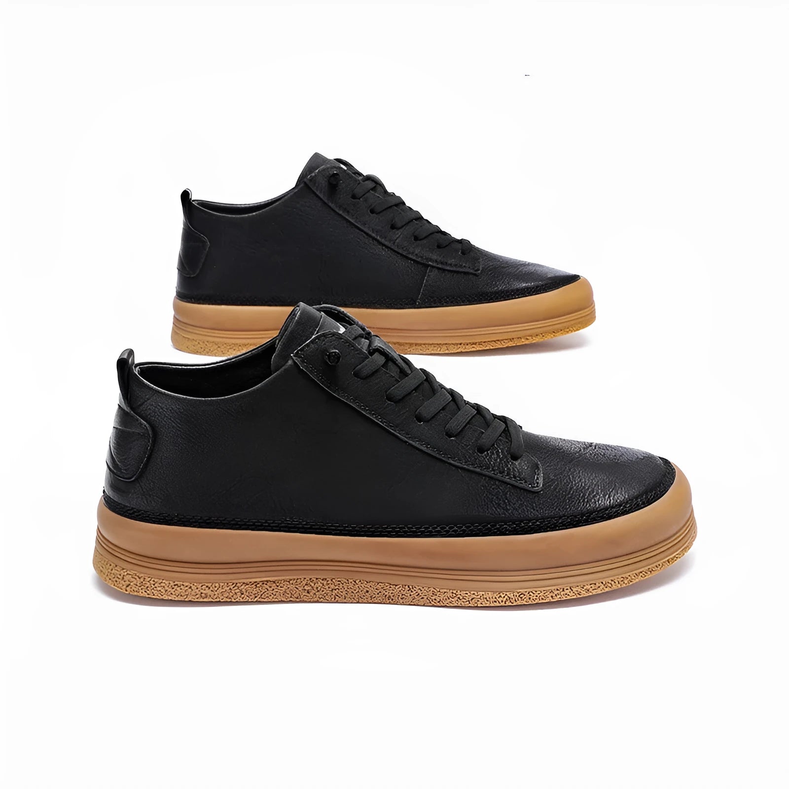 Men's black casual leather shoes with round toe, flat heel, and lace-up front on a white background.