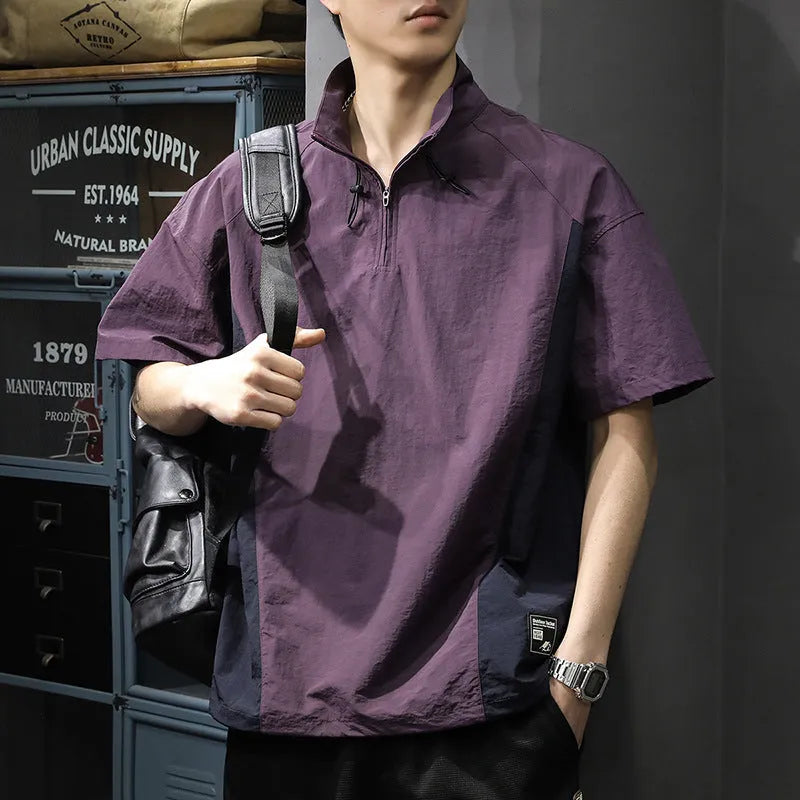 Men's brown half-zip stand collar business shirt with short sleeves and loose fit for summer wear