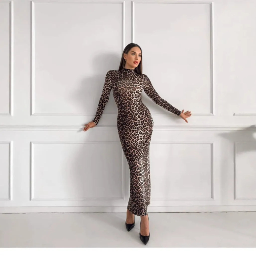 Leopard print women's long dress with stand collar and long sleeves in milk silk fabric.
