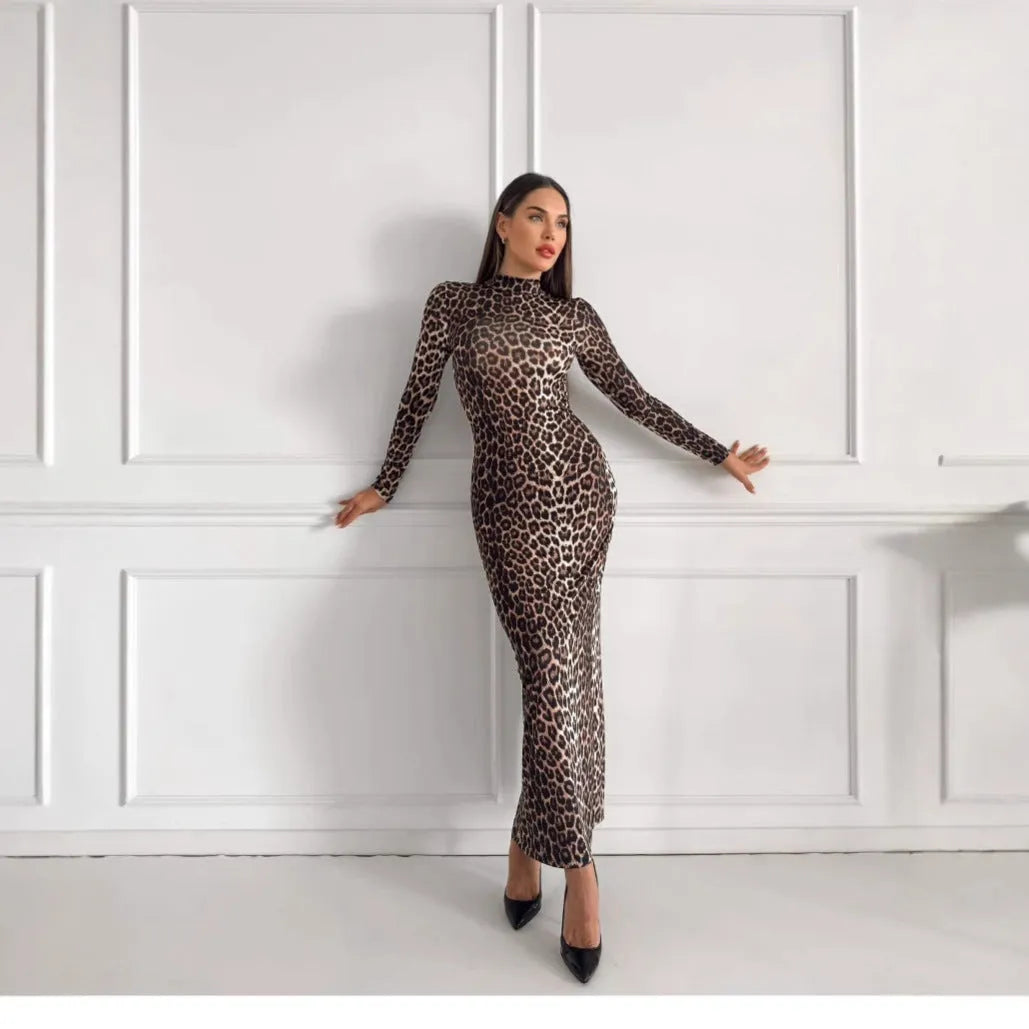 Leopard print women's long dress with stand collar and long sleeves in milk silk fabric.
