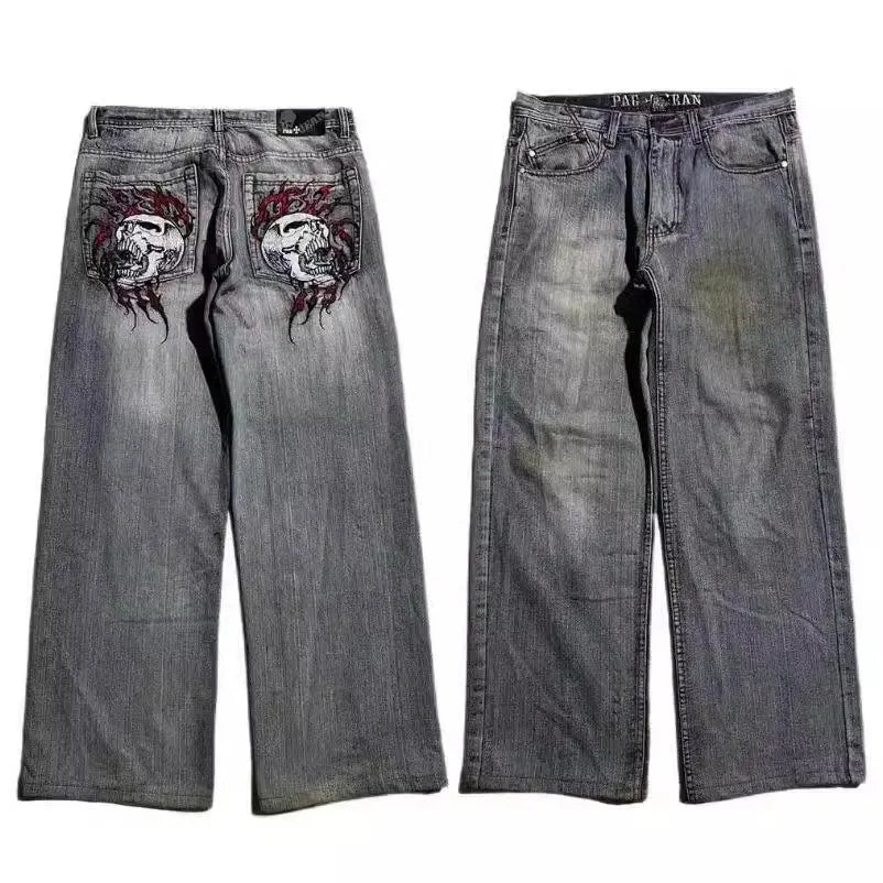 Men's washed-out grey wide-leg jeans with straight cut and mid-waist fit