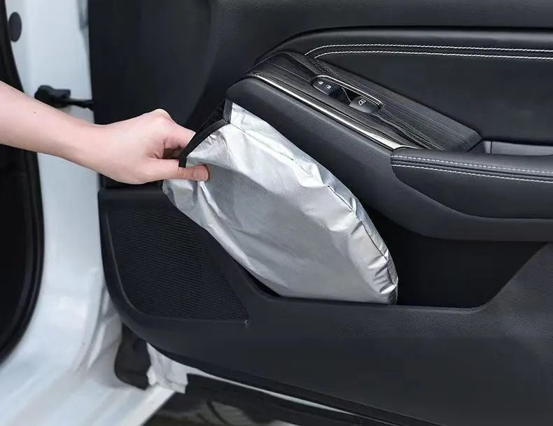 Aluminium foil car sunshade in titanium silver colour showing rectangular shape and solid pattern