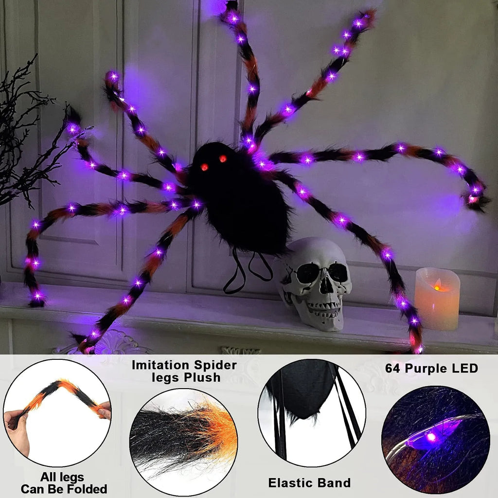Halloween Spider Backpack with LED lights in plush sugar bag material, shown in orange and purple colour variant.