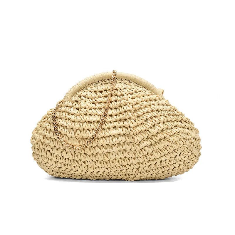 Women's straw shoulder bag with chain detail and zippered pocket in khaki colour