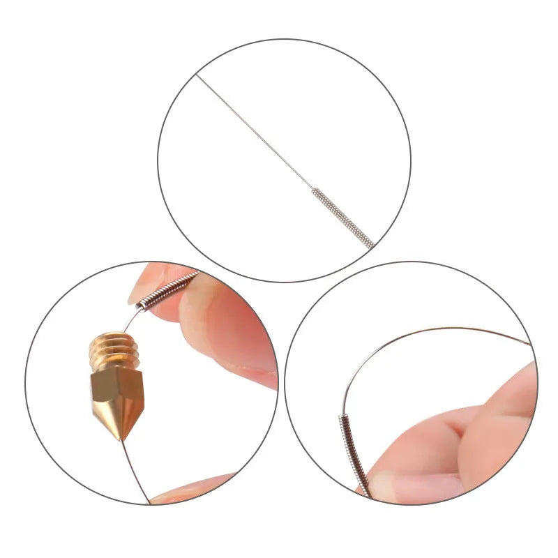MK8 E3D 3D printer nozzle cleaning needles, ten pieces in a box, shown next to a nozzle.