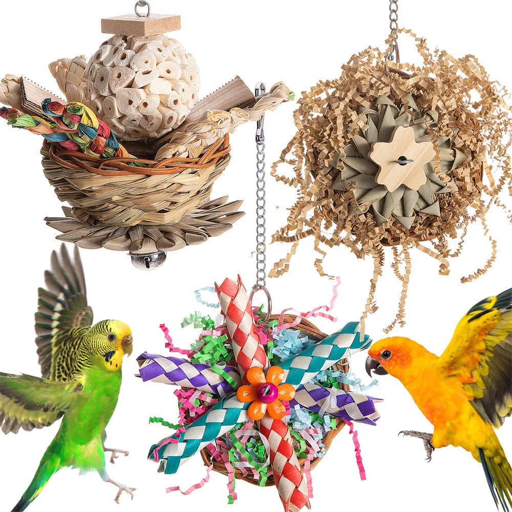 Parrot gnawing molar toy with three types of wooden blocks for chewing enrichment and beak maintenance