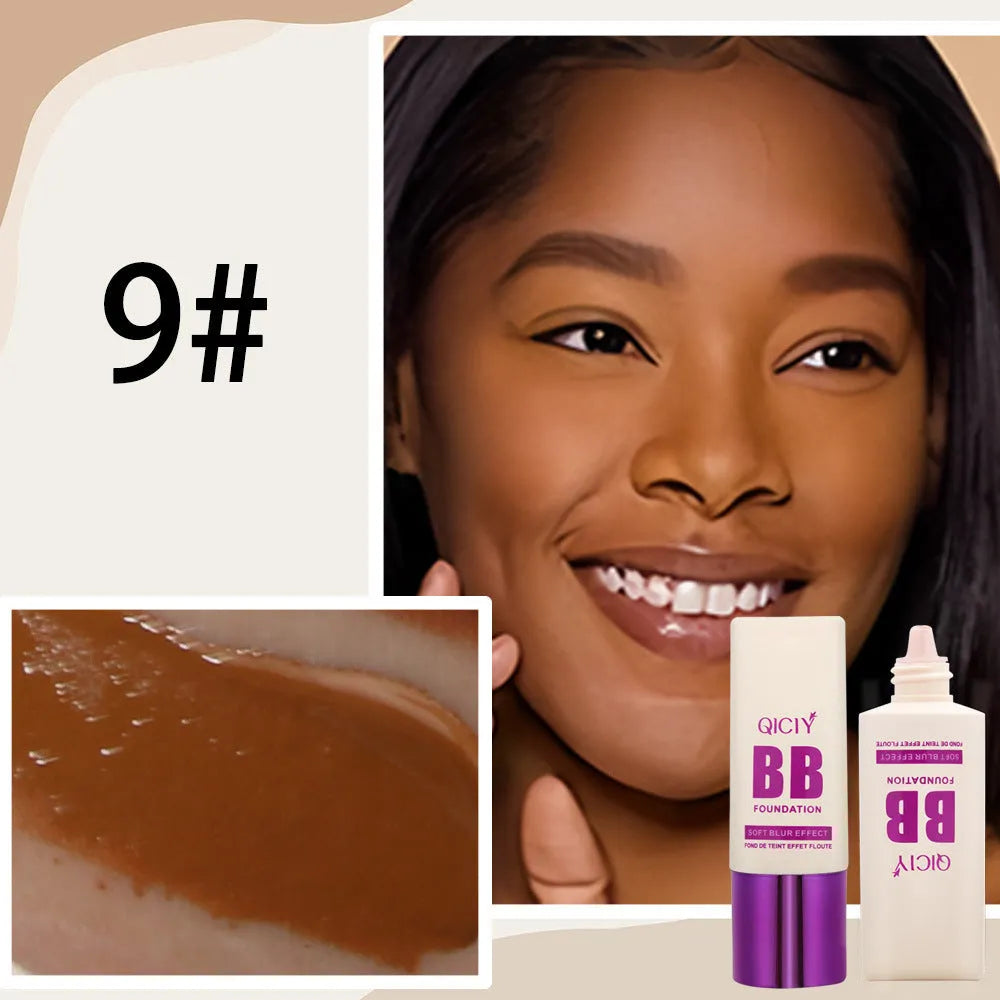 Feeding bottle of liquid foundation BB cream in one of ten available shades for brightening and concealing.