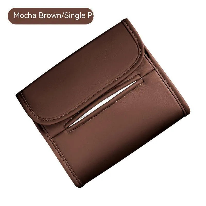 Leather car tissue box holder with elastic band mounting in five colour options