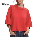 Women's red short t-shirt with V-neck and regular sleeves on white background