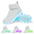 High-top LED light shoes with Velcro strap and rechargeable lights in multiple colours.