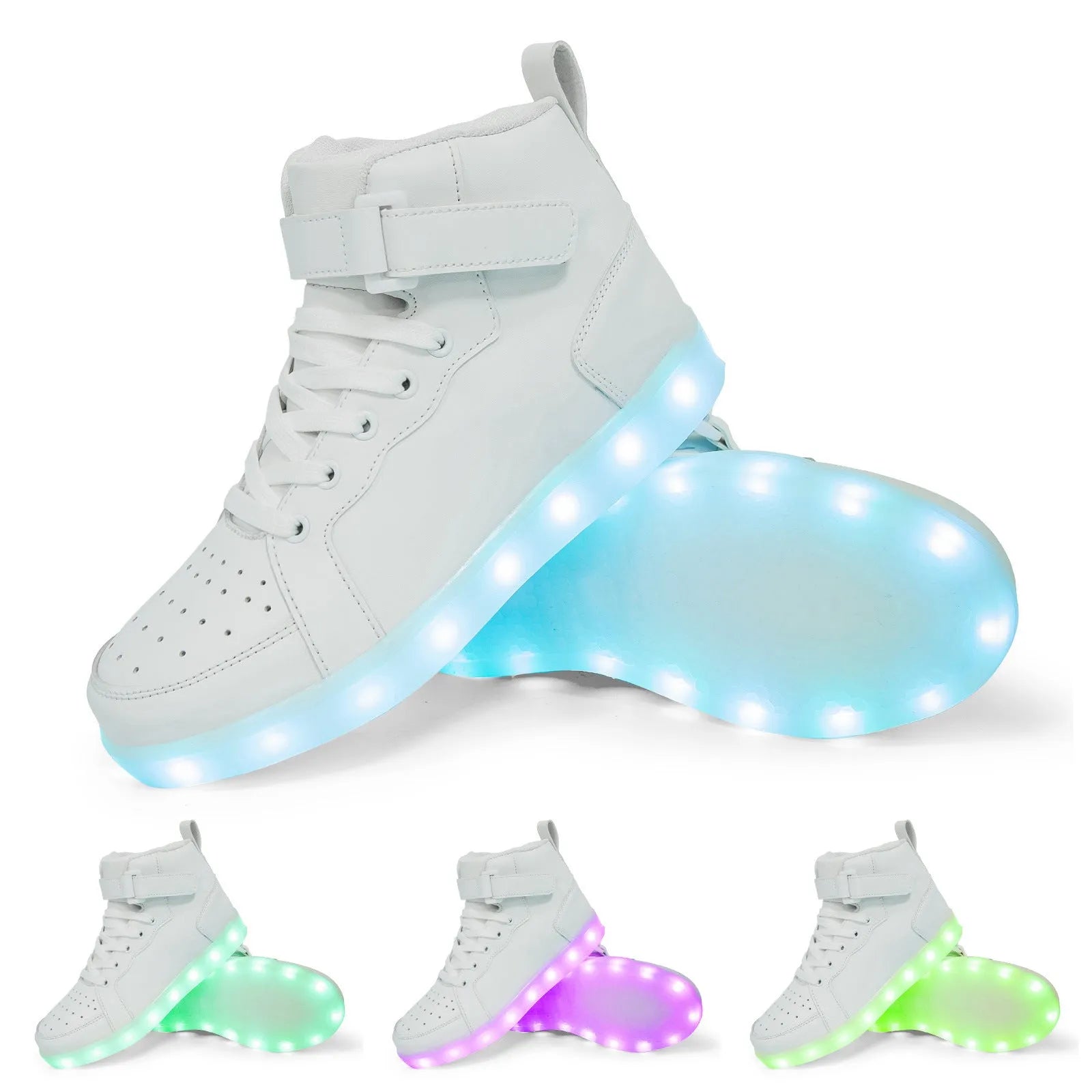 High-top LED light shoes with Velcro strap and rechargeable lights in multiple colours.