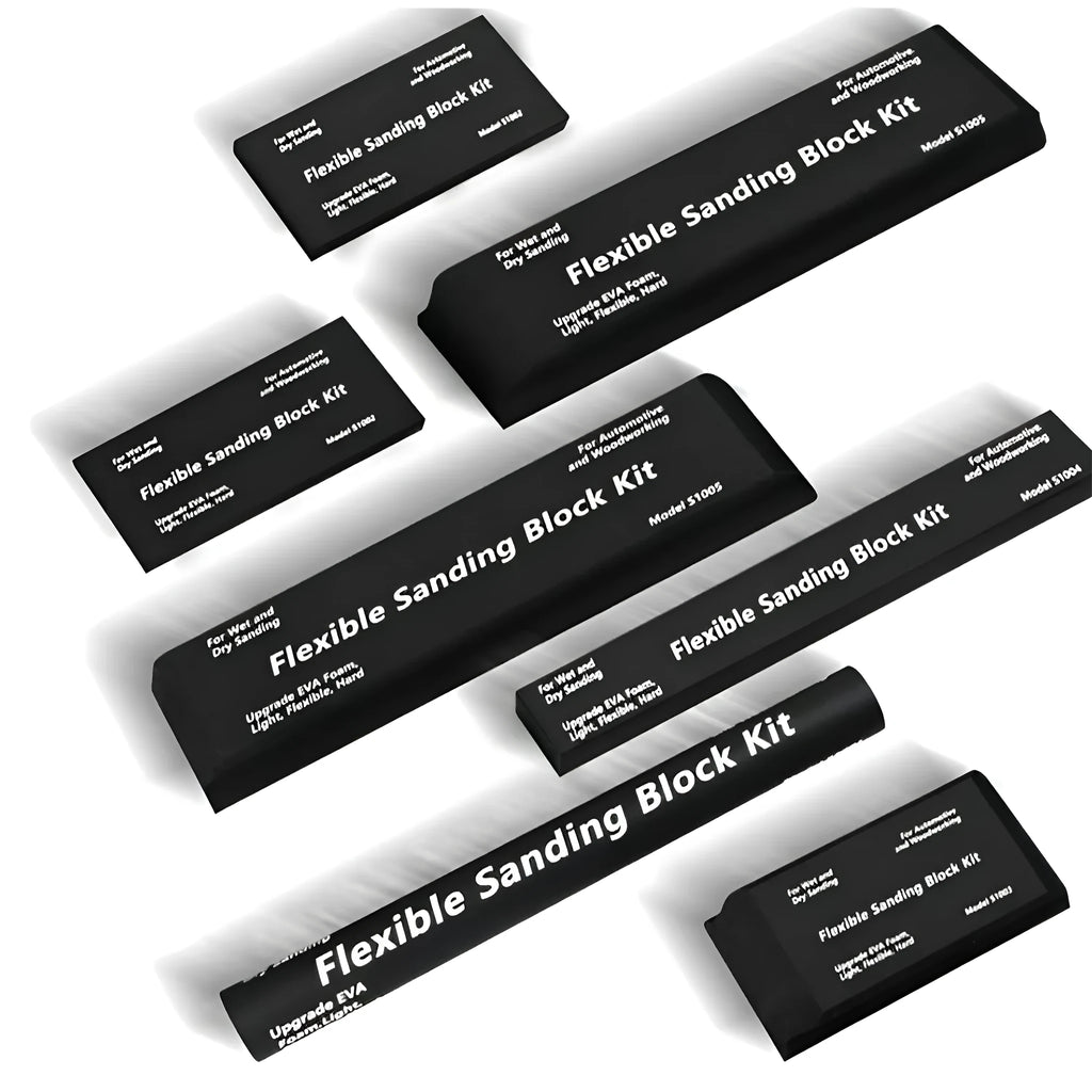 Seven black frosted building blocks with metal construction arranged as a set