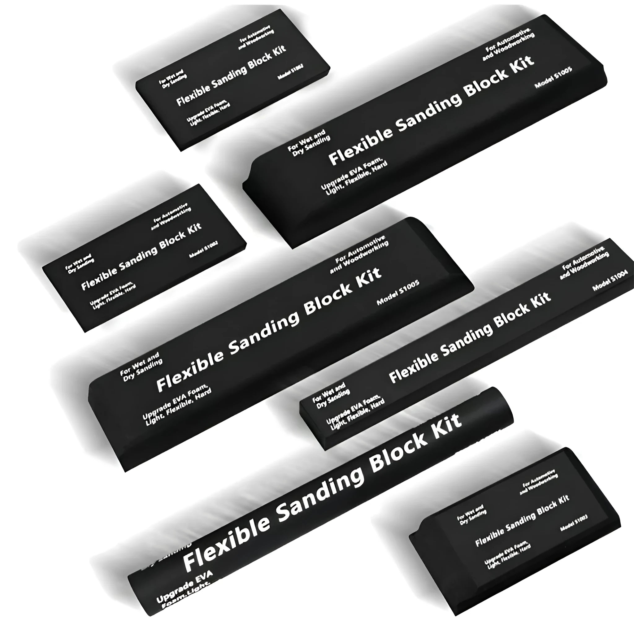 Seven black frosted building blocks with metal construction arranged as a set