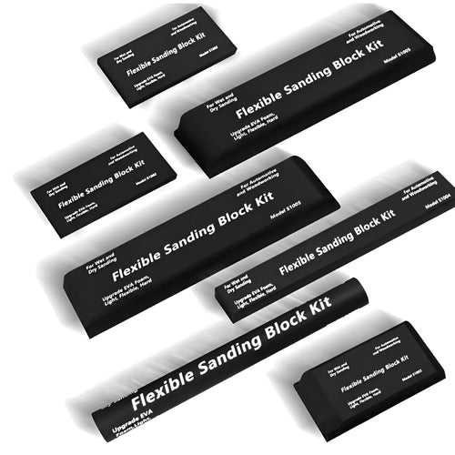 Seven black frosted building blocks with metal construction arranged as a set