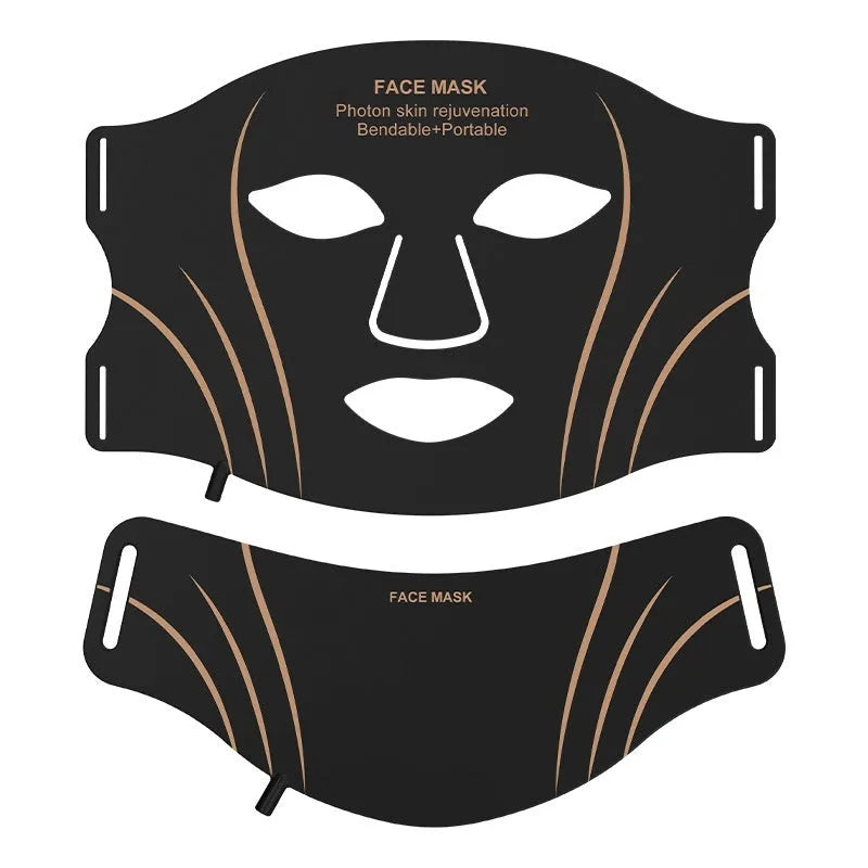 Black and gold LED facial beauty mask with headband and touch screen controls.
