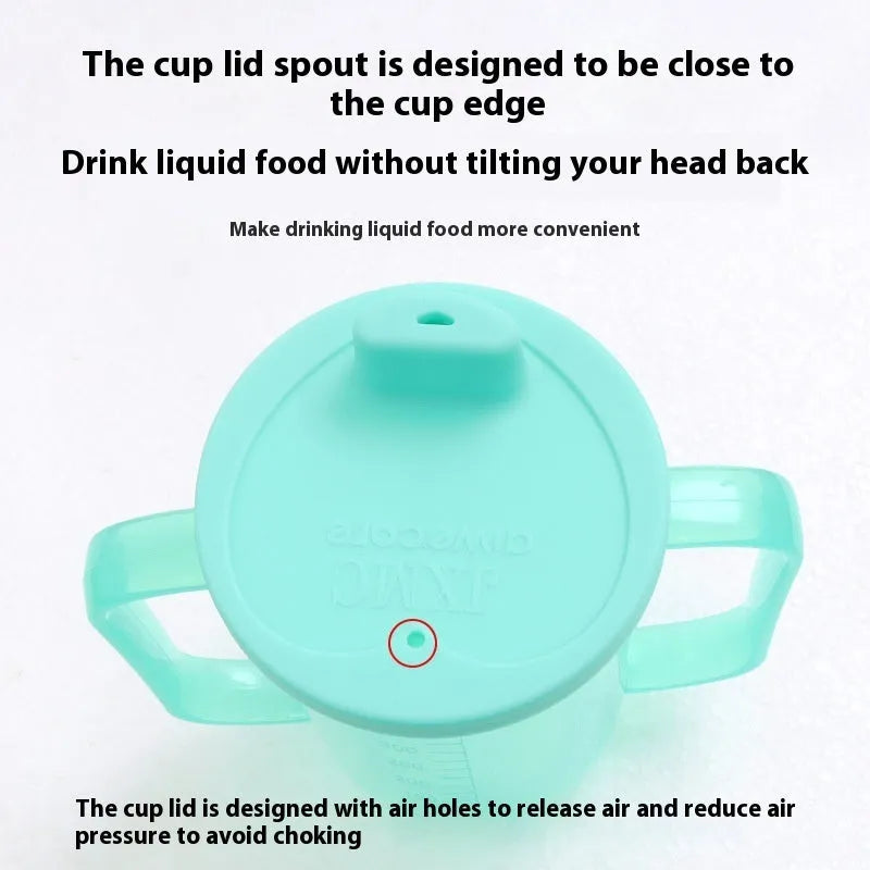Oblique mouth choke-proof drinking cup for adults with handle and lid, shown with optional wrist splint.