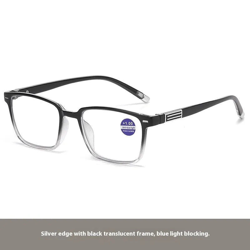 Multifocal blue light reading glasses with photochromic lenses in a black and silver frame style.