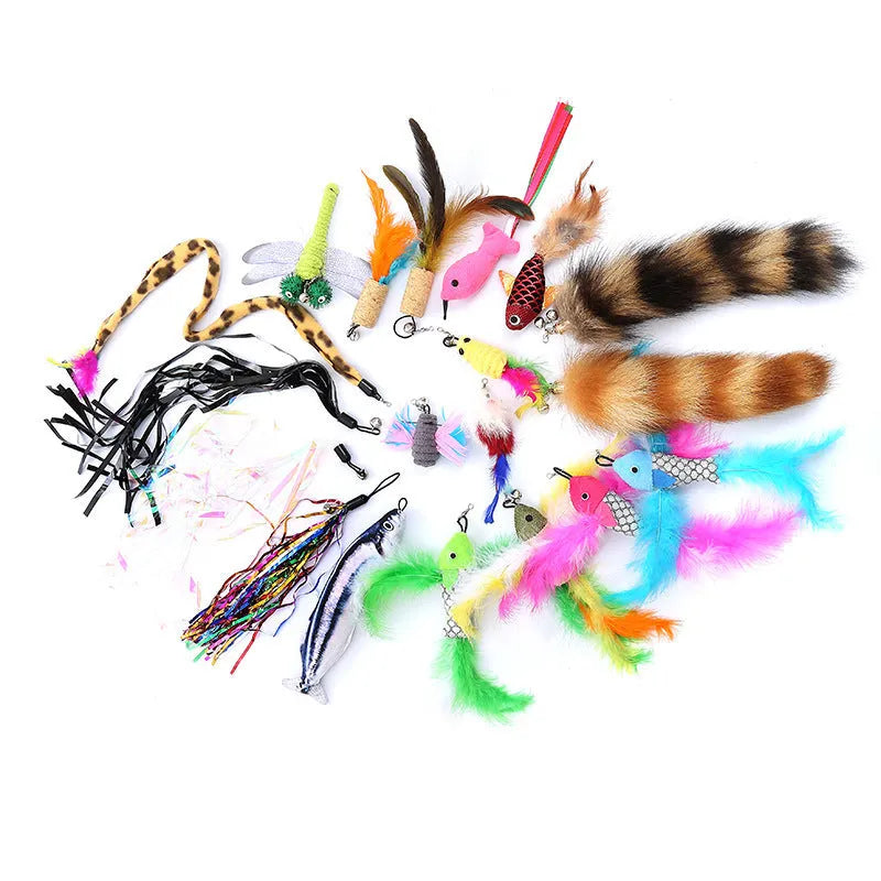 Cat teasing pole set with fishing rod design and multiple feather attachments for interactive play