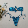 Women's glossy blue bikini with gold starfish pattern, tube top and split briefs design