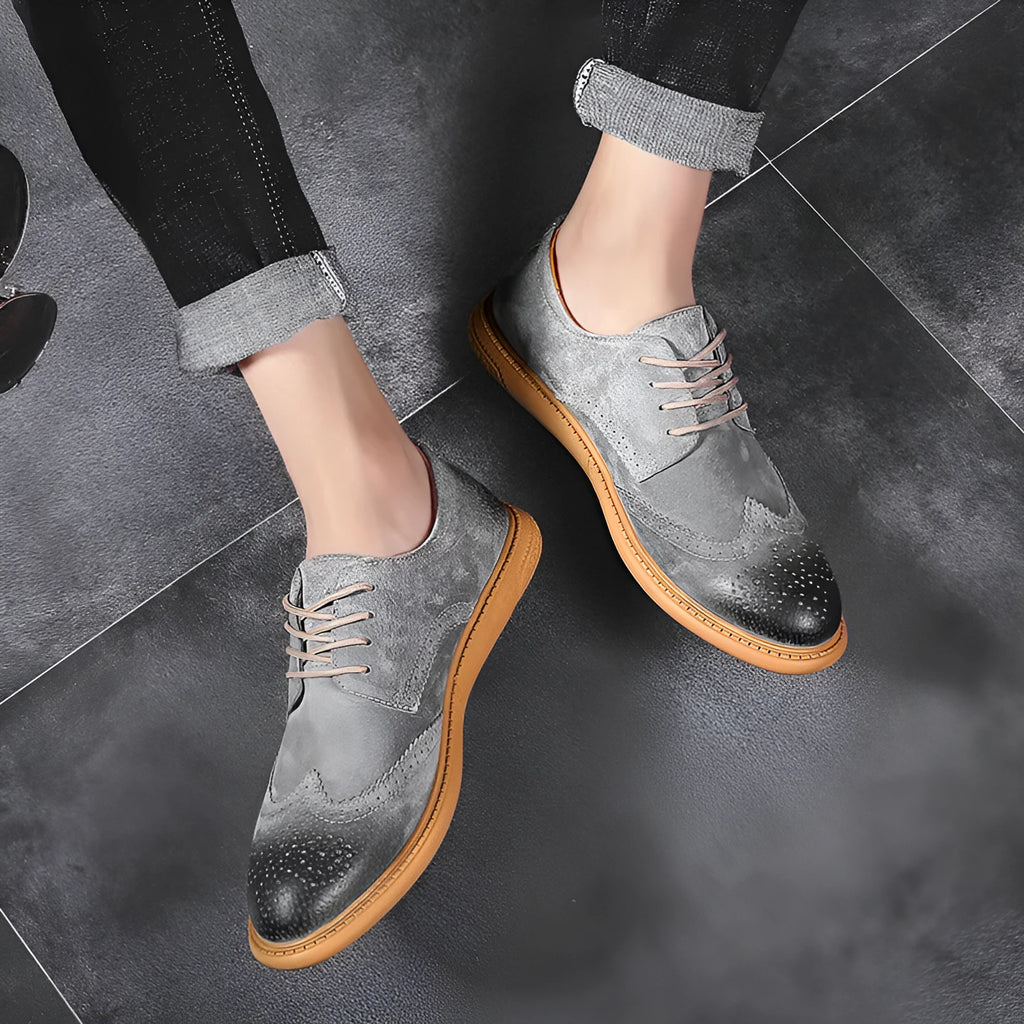 Men's low-top lace-up business shoes in genuine cowhide leather, shown in grey, sand, black, and green colour options.