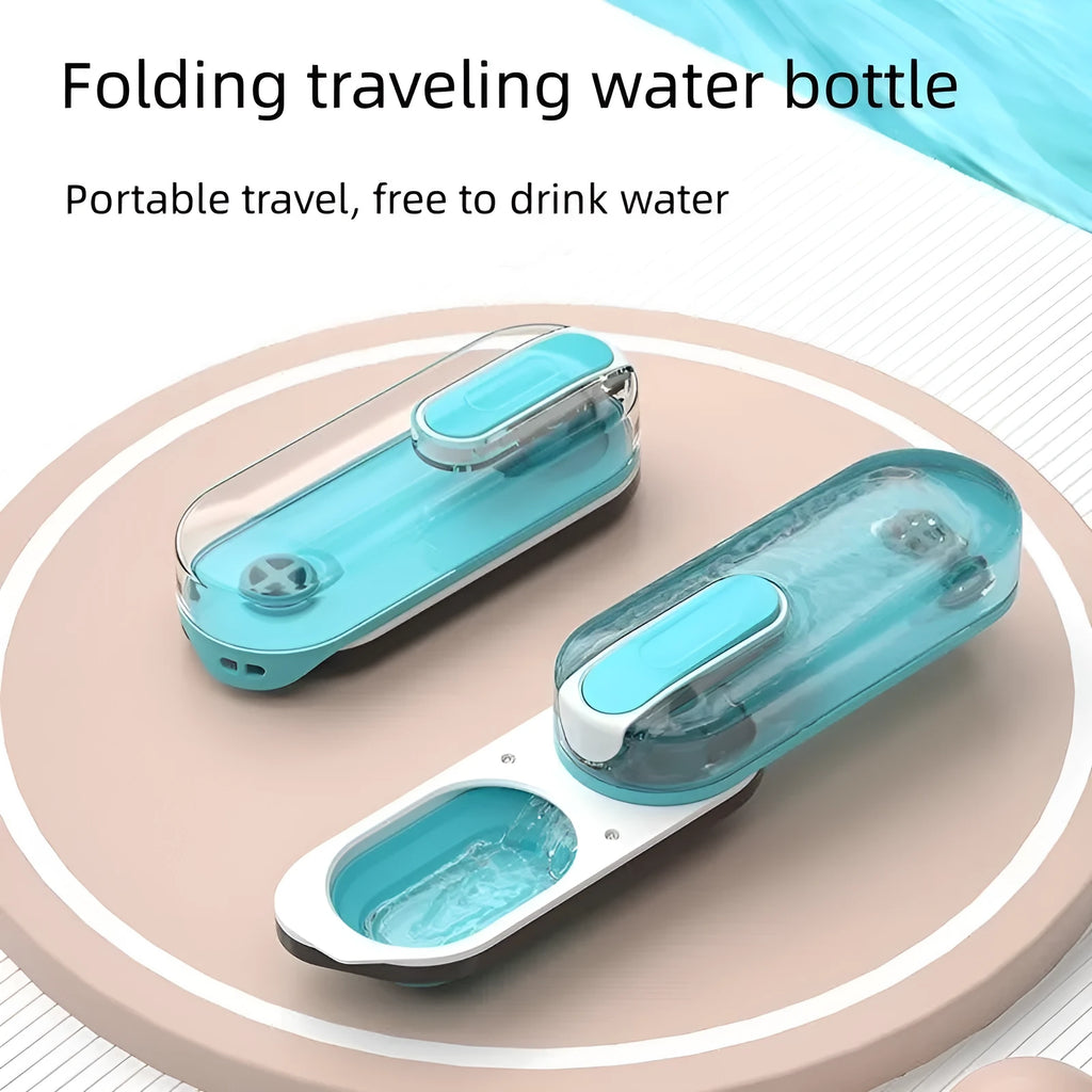 Blue portable pet water bottle with a foldable silicone drinking bowl attached, for dogs and cats.