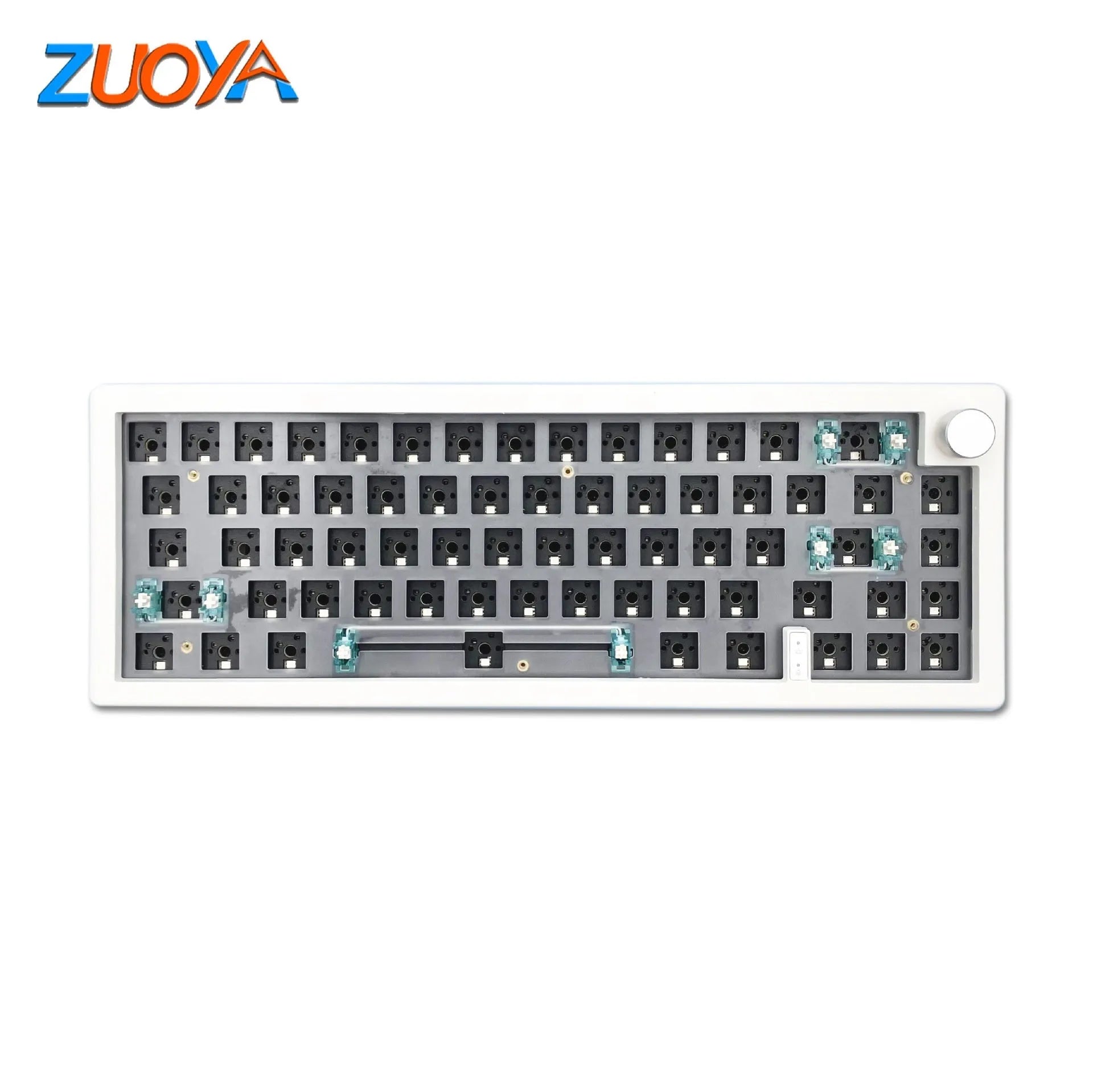 DIY mechanical keyboard kit components with RGB keys and knob on a black ABS case.