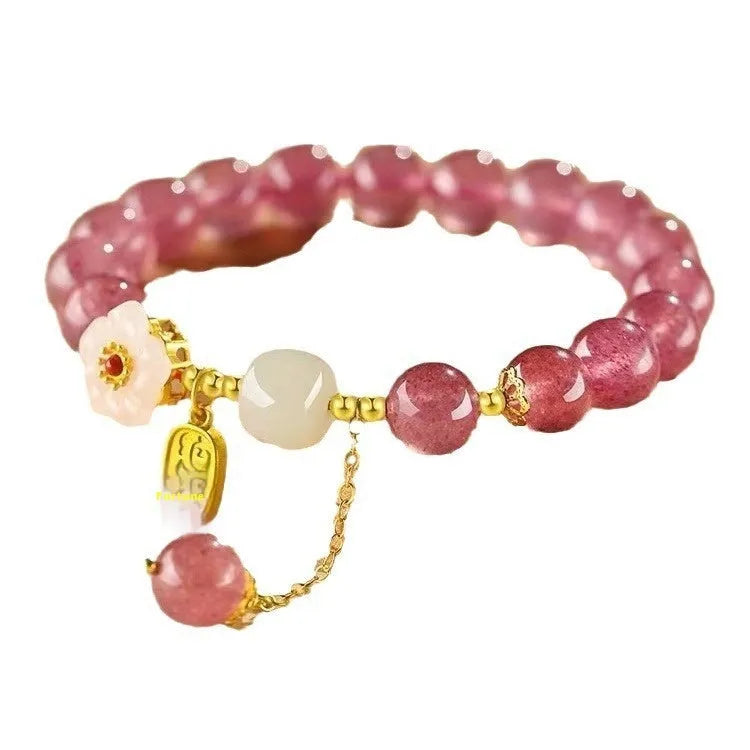 Handmade strawberry quartz crystal bracelet with green quartz moon charm for women