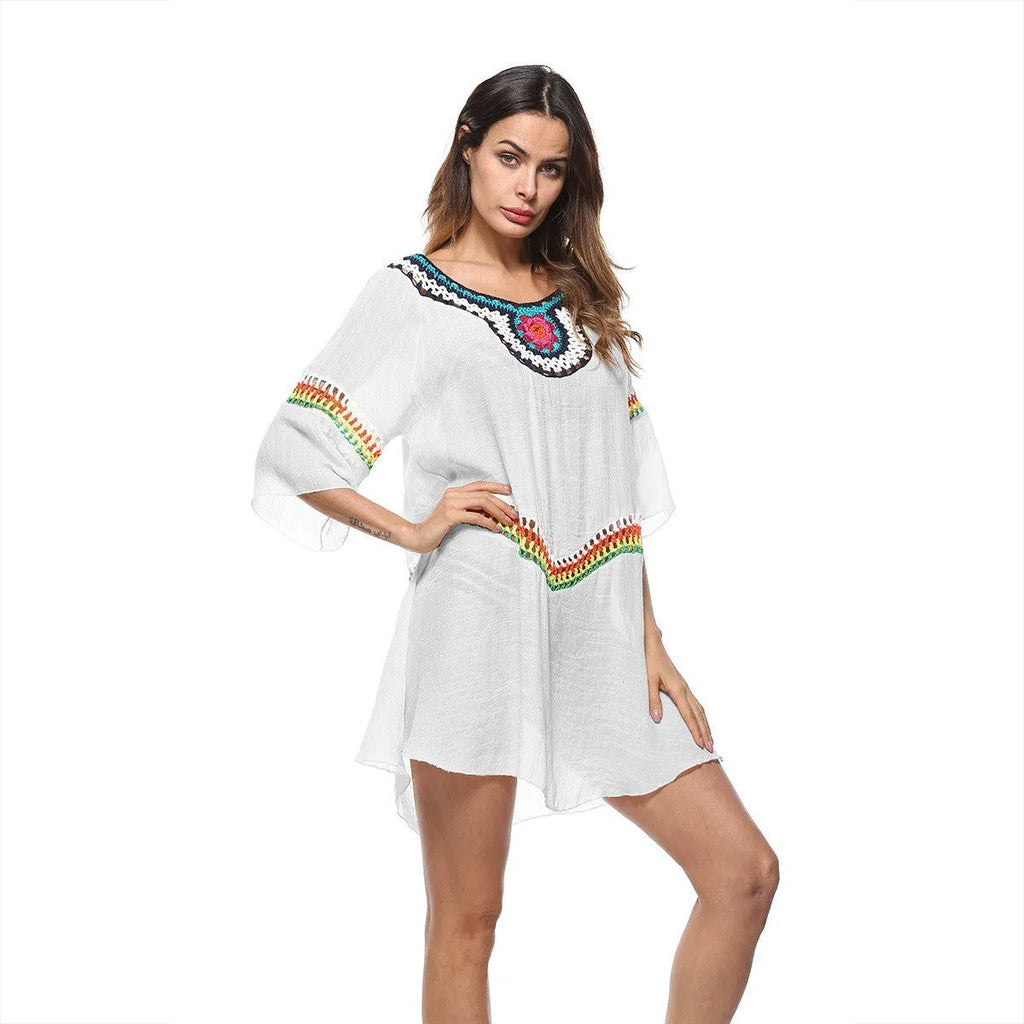 Crocheted ethnic style women's beach clothing in acrylic fabric for sun protection during swimming