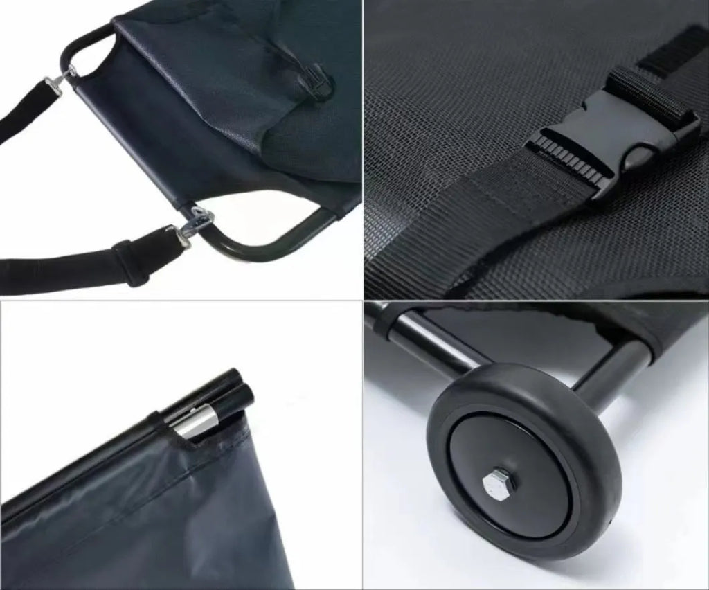 Large black aluminium alloy folding stretcher for emergency transport of dogs