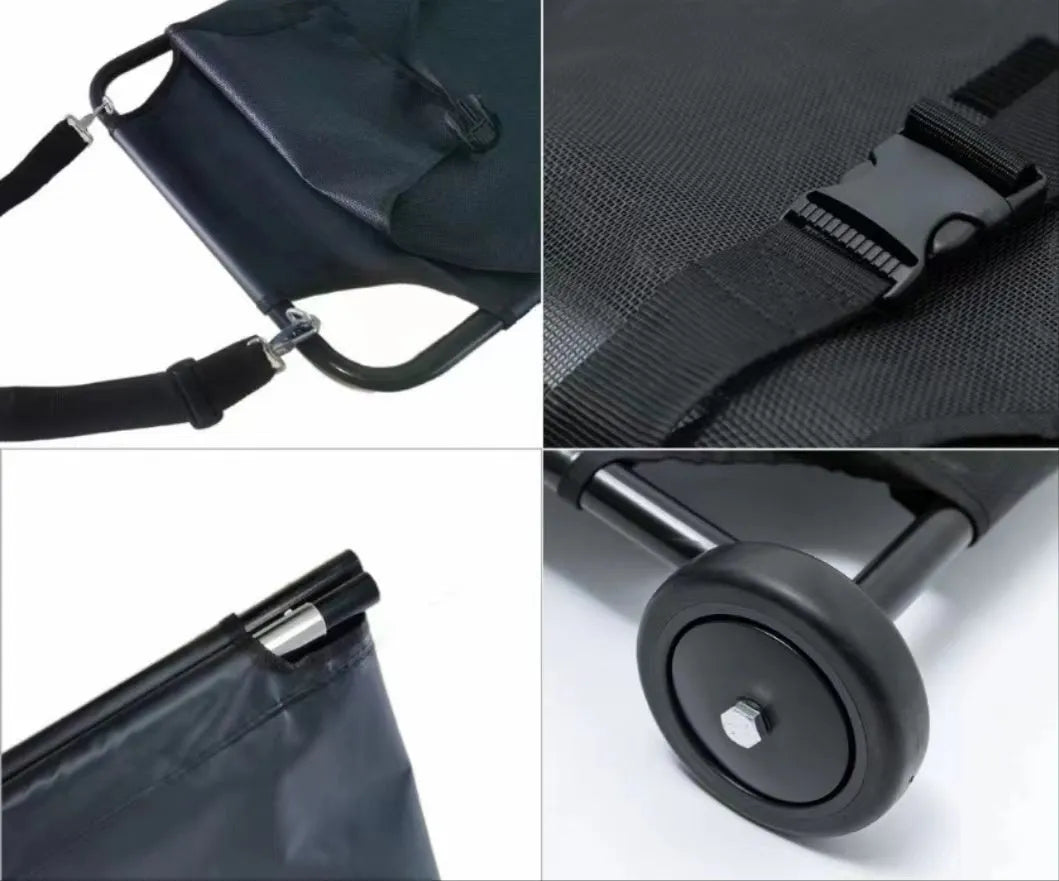 Large black aluminium alloy folding stretcher for emergency transport of dogs