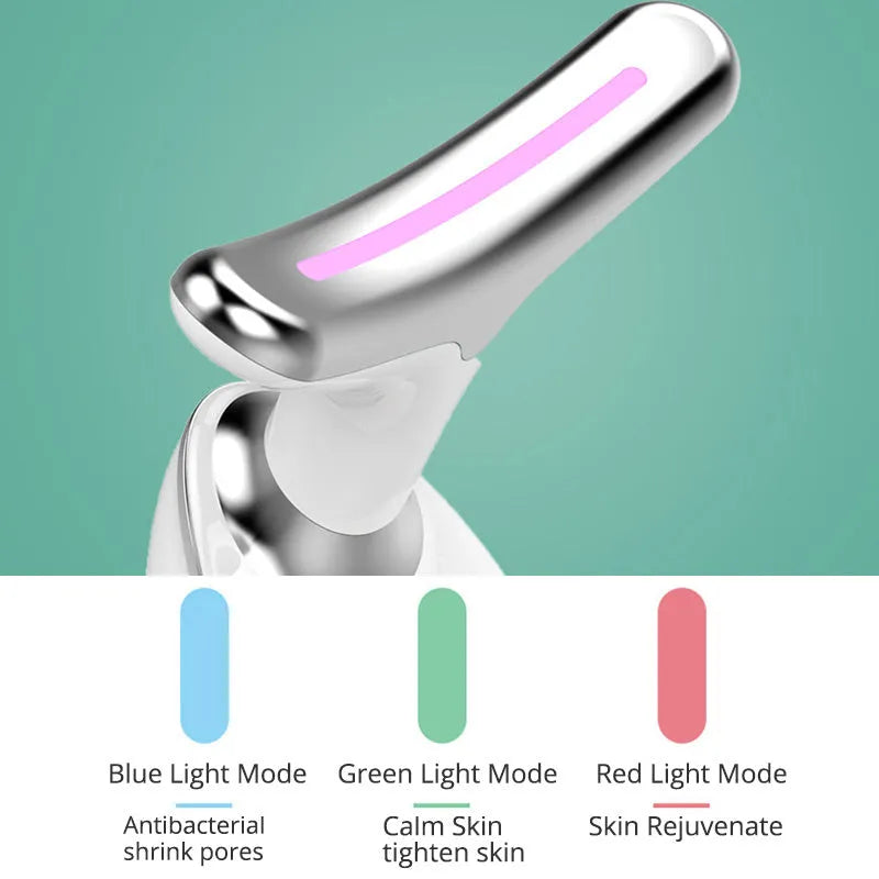 Handheld EMS thermal neck lifting massager device with LED lights on a white background.