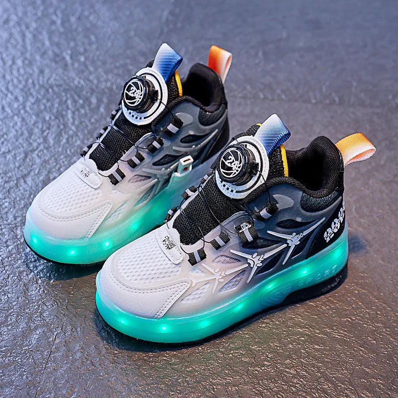 Children's flash knob roller skating shoes with rotating button in blue, black, or pink colours