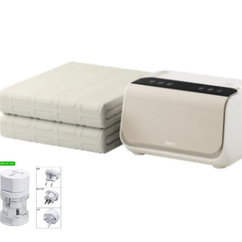Large white electric water heating blanket with plush surface and separate smart host unit.