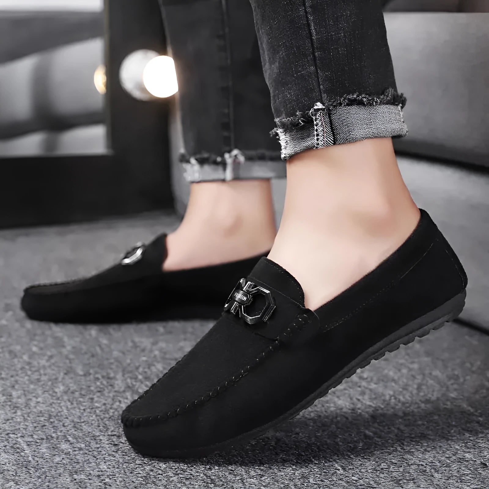 Men's black and grey suede casual shoes with leather details and rubber sole