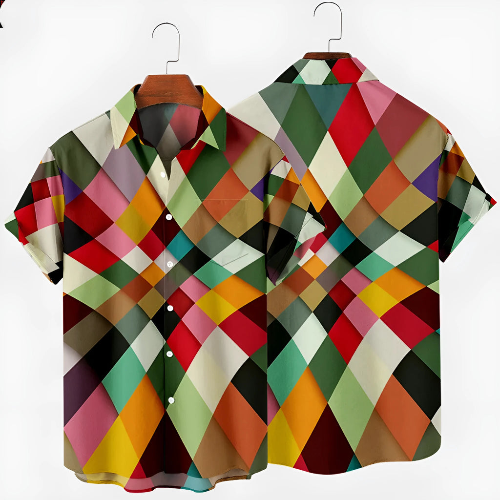 Men's simple striped digital printed short sleeve shirt in photo colour, polyester four-way stretch fabric, summer daily wear.