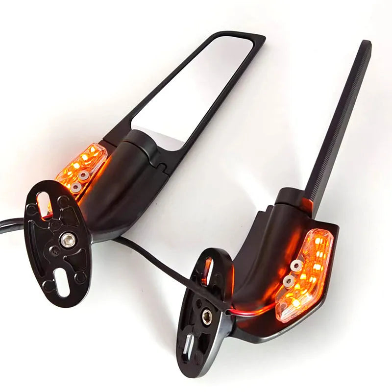 Pair of aluminium alloy motorcycle rearview mirror reflectors with convex glass lens and yellow LED light.