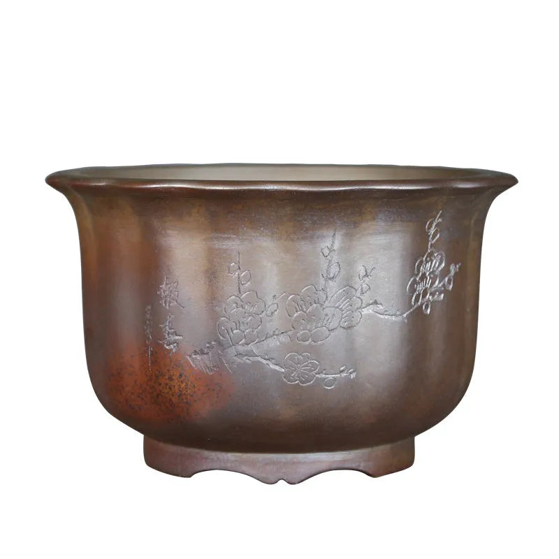 Purple sand ceramic flower pot with antique carved wood burning design for indoor plants