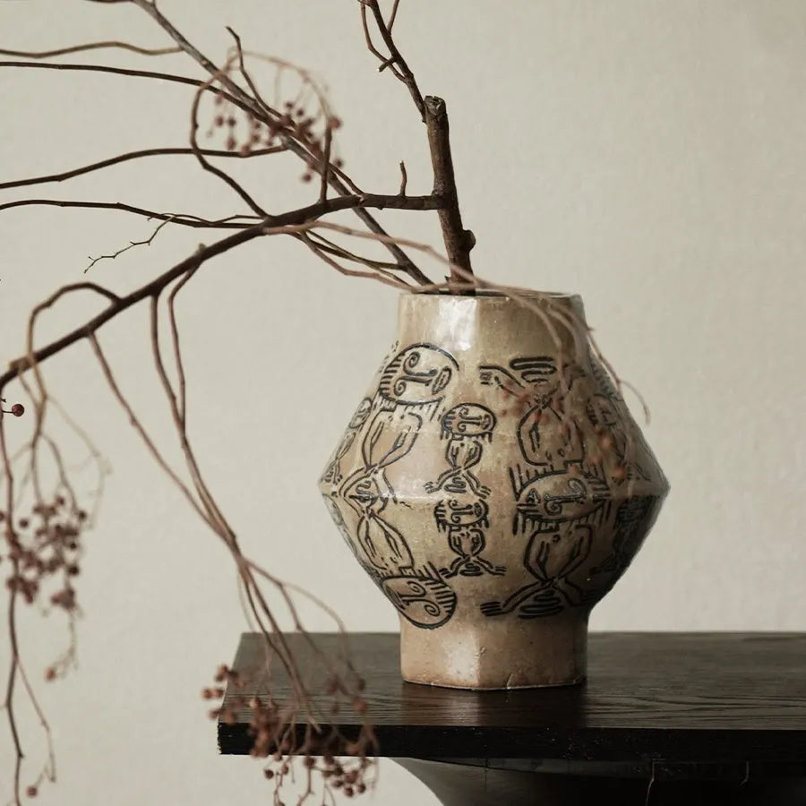 Hand-painted ceramic cylindrical vase with tribal totem floral patterns