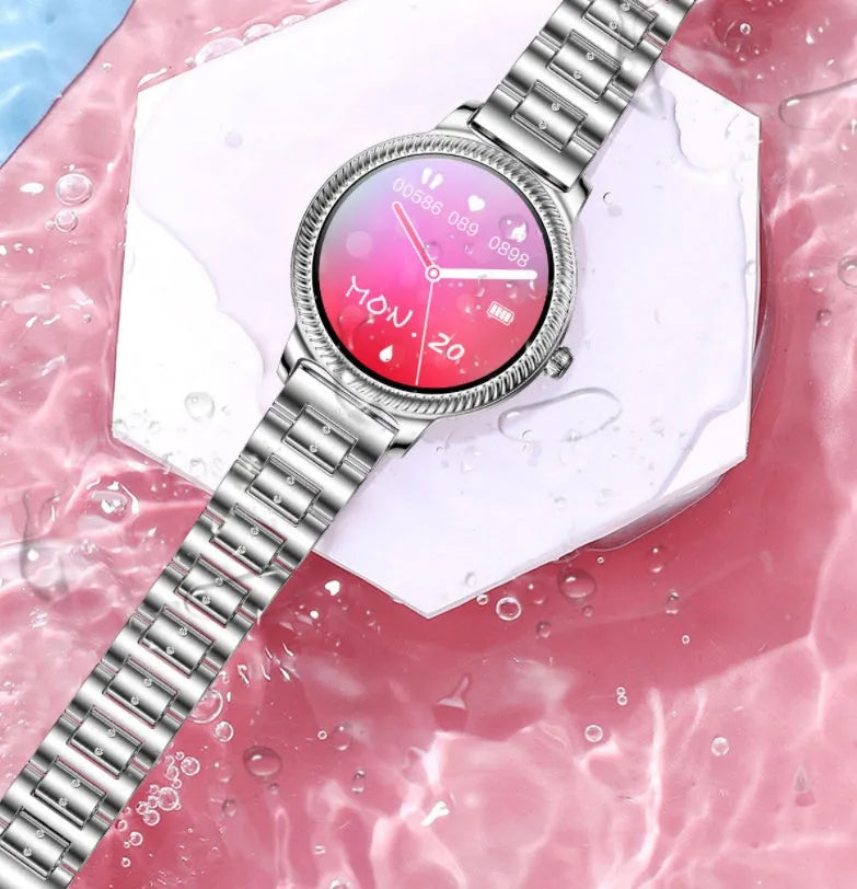 AK38 ladies smart watch with stainless steel wristband on wrist showing 1.09-inch screen